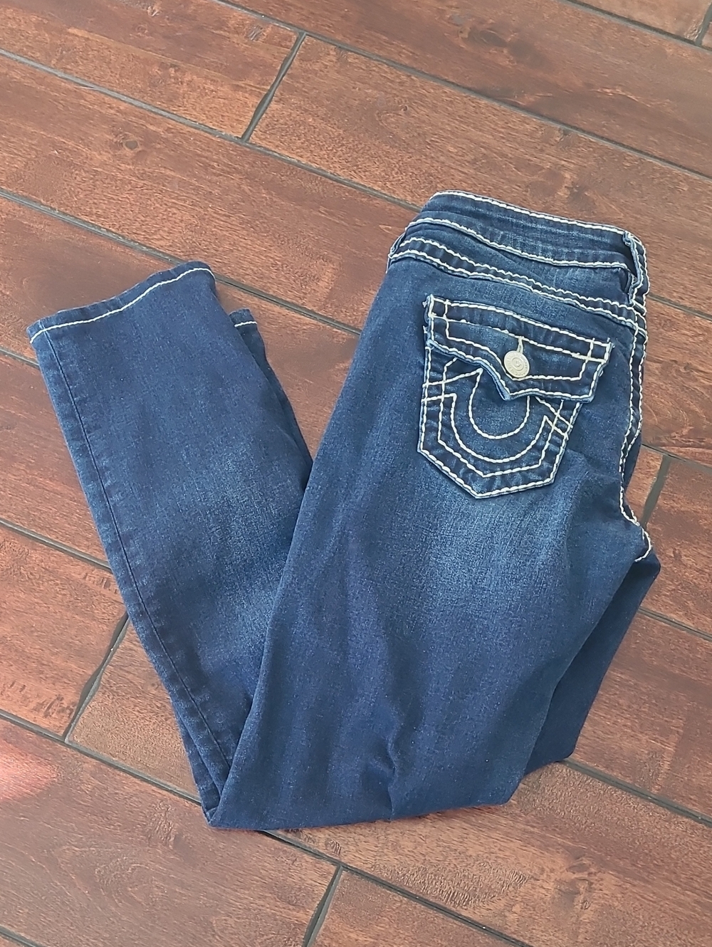 Tru Religion Skinny Big T Flap Bule White Stitch Jeans Size 26